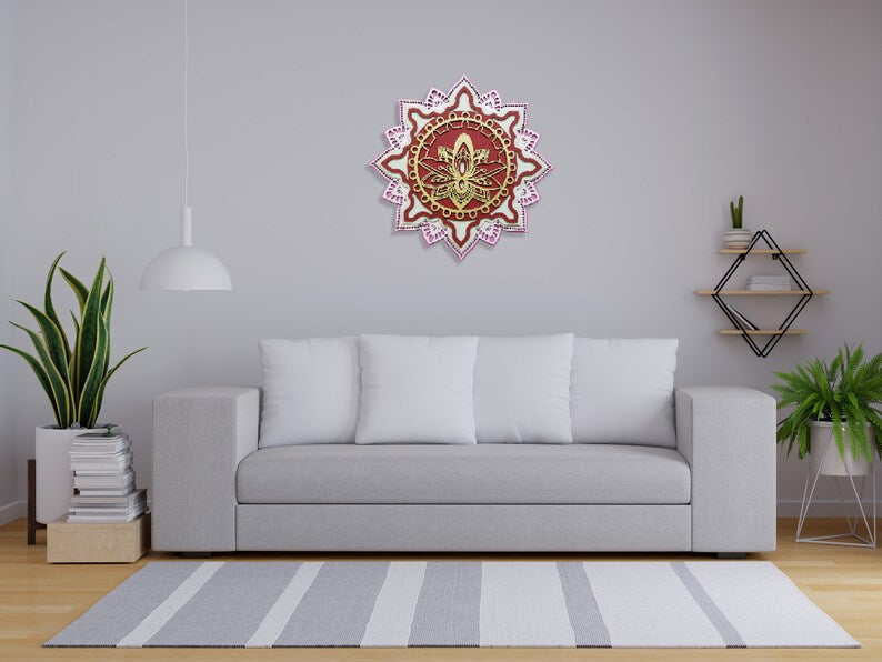 Wall Decor Boho. Layered Wall Art. Multilayer Mandala Hanging Wall Art. 3D Lotus Flower Art Yoga Studio Art. Living Room Decor.