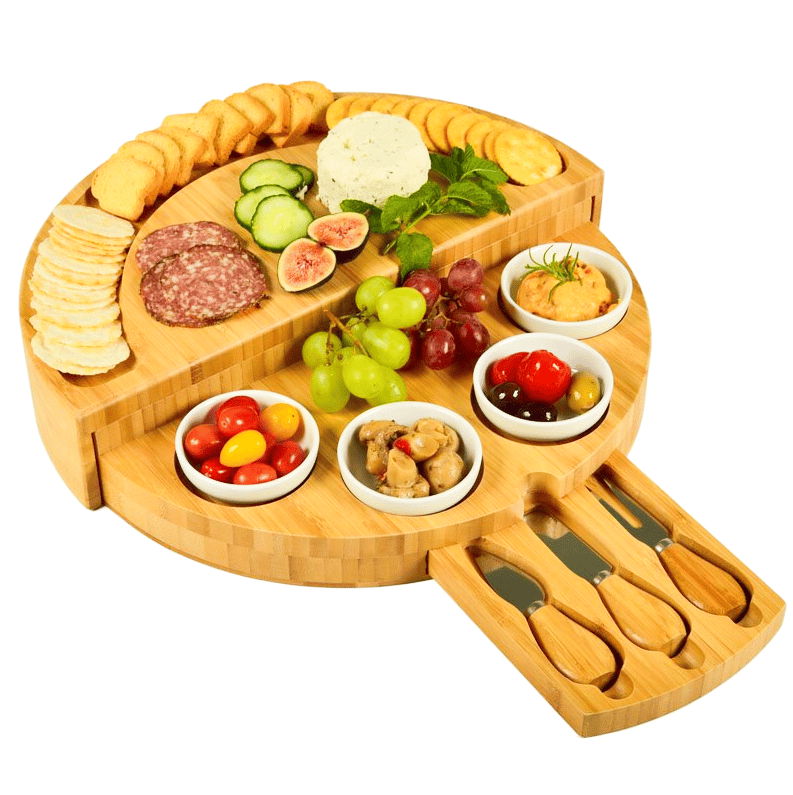 🧀2023 Bamboo Swivel Charcuterie Board🔥With 4 Integrated Ceramic Bowls And 3 Piece Knife Set