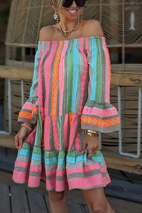 Linen Blend Ethnic Print Off Shoulder Loose Mini Dress