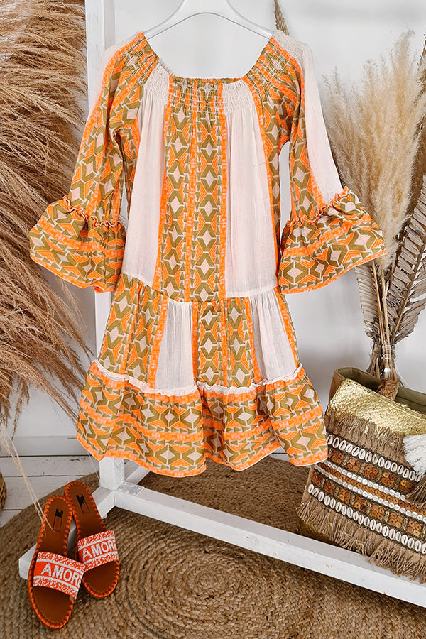 Linen Blend Ethnic Print Off Shoulder Loose Mini Dress