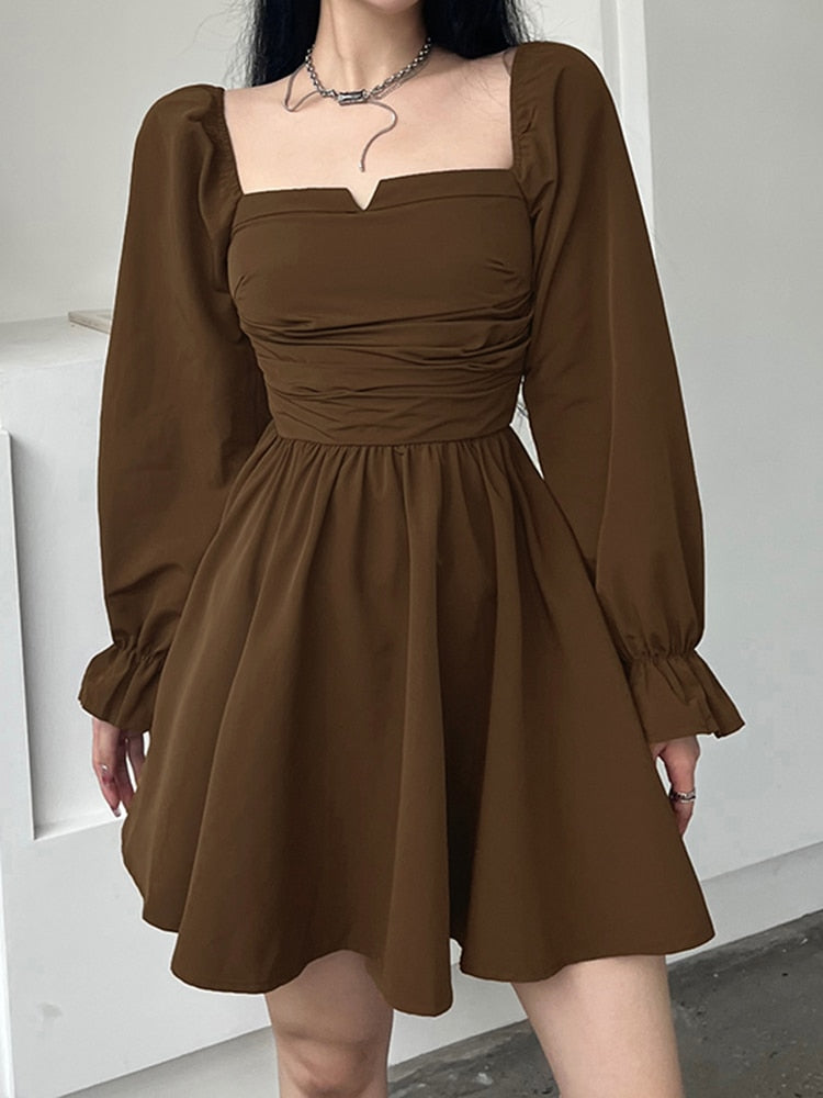 Brown Square Neck Long-Sleeve Pleated Dress