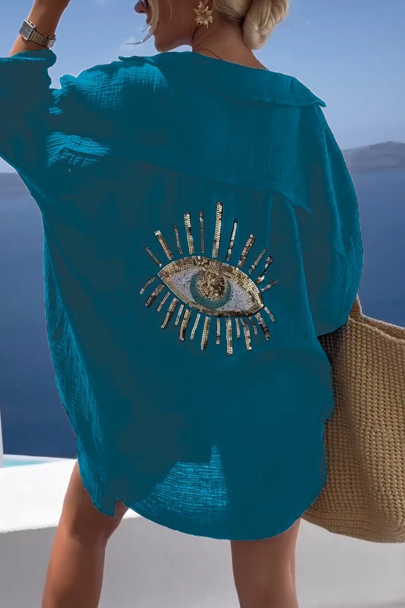 Evil Eye Casual Sequin Beaded Shirt-BUY 2 FREE SHIPPING