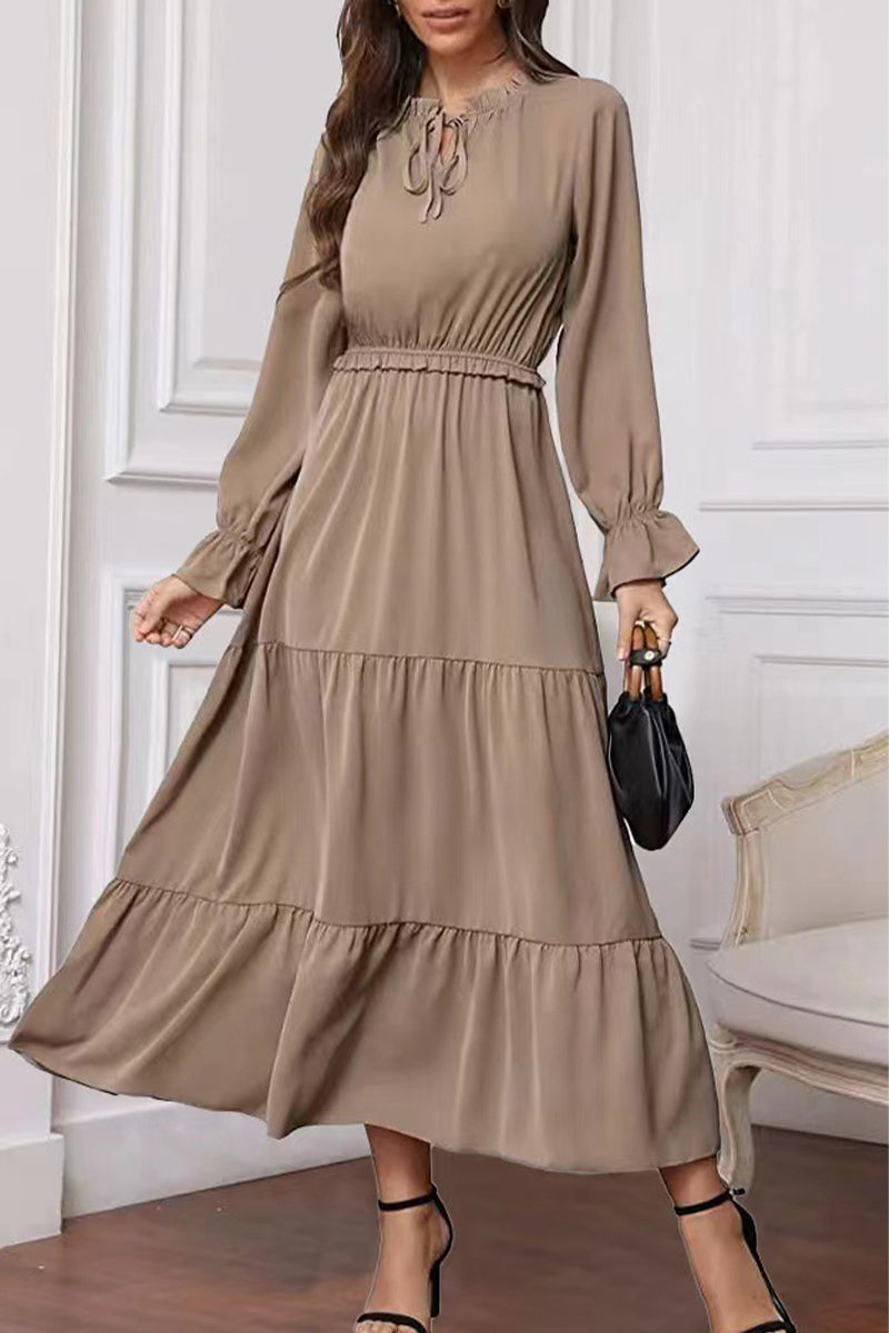 Fashion Elegant Solid Frenulum Lotus Leaf Collar Long Dress Dresses