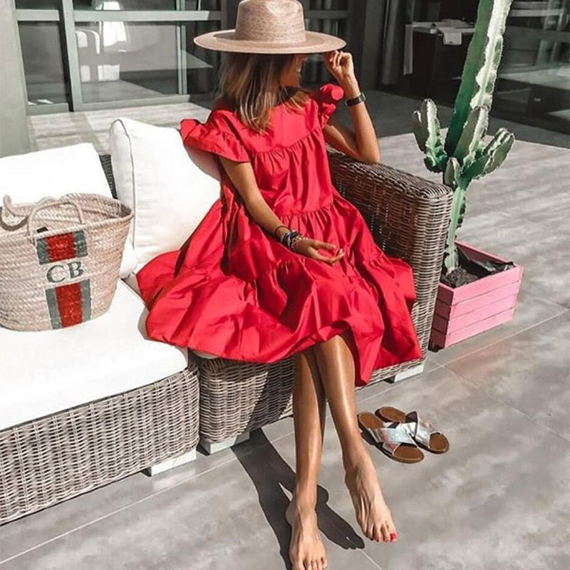 Summer Vintage Style Women's Loose Round Neck Short Sleeve Dresses