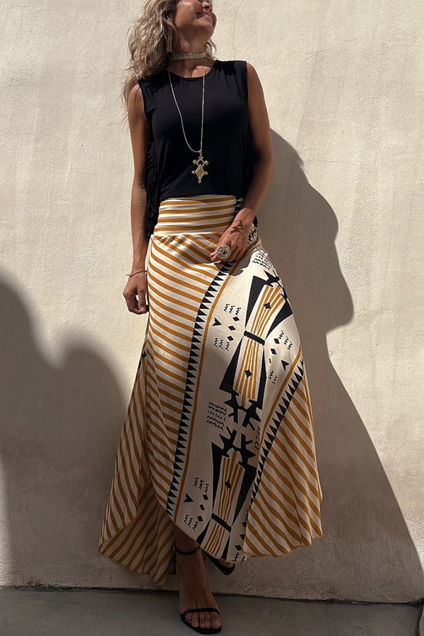 Satin Geometric Print Elastic Waist Maxi Skirt