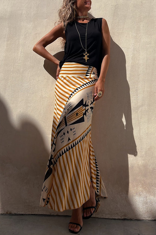 Satin Geometric Print Elastic Waist Maxi Skirt