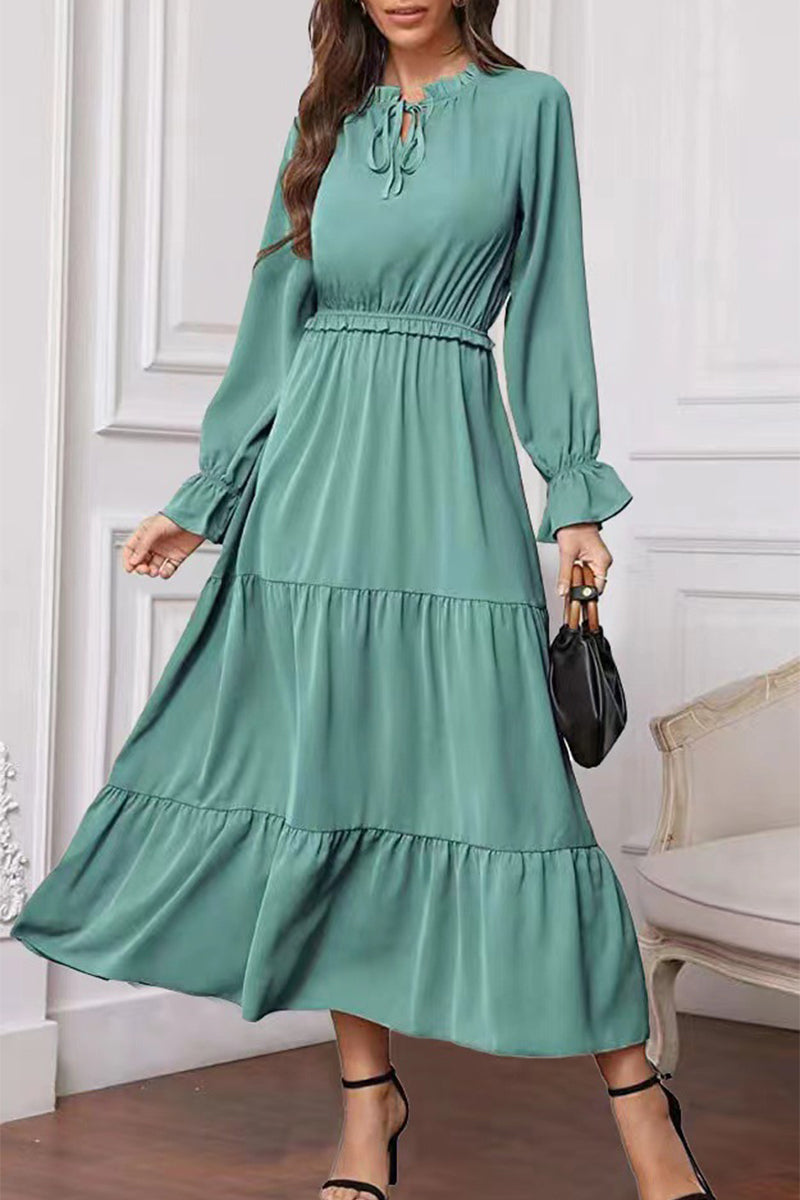 Fashion Elegant Solid Frenulum Lotus Leaf Collar Long Dress Dresses