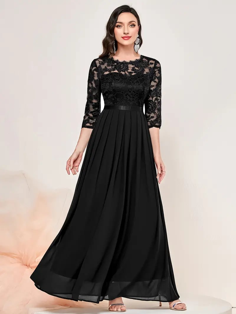 Elegant Contrast Lace Pleated Dress