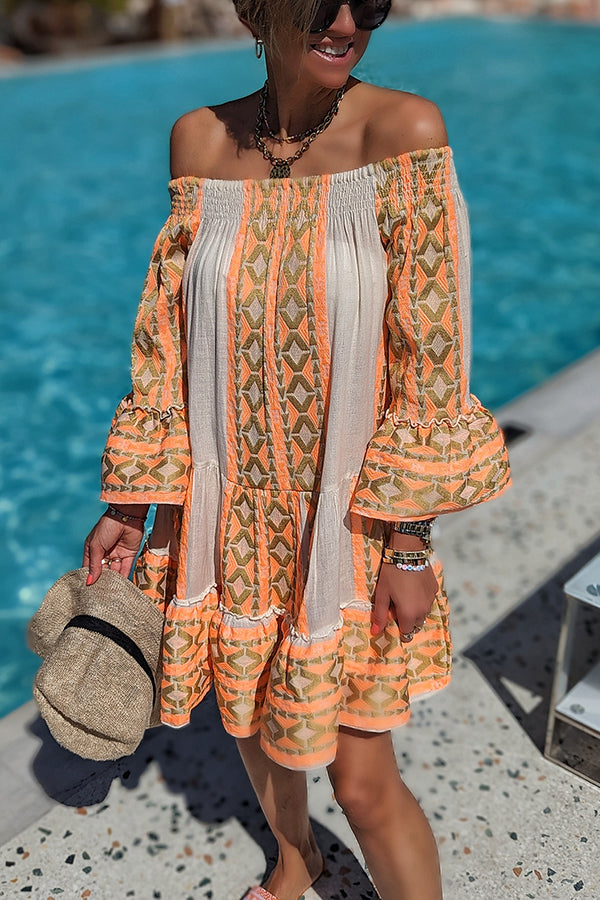 Linen Blend Ethnic Print Off Shoulder Loose Mini Dress