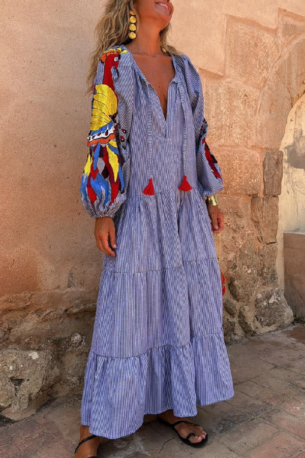 Red and white striped print long dress