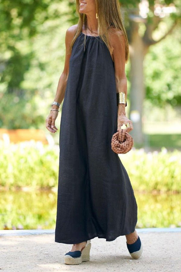 Vintage Holiday Solid Color Halter Neck Maxi Dress