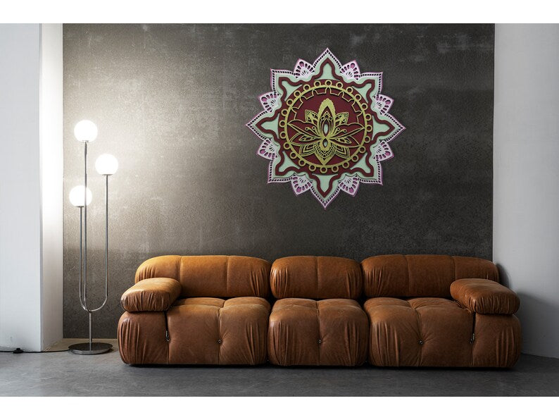 Wall Decor Boho. Layered Wall Art. Multilayer Mandala Hanging Wall Art. 3D Lotus Flower Art Yoga Studio Art. Living Room Decor.