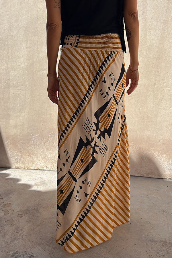 Satin Geometric Print Elastic Waist Maxi Skirt