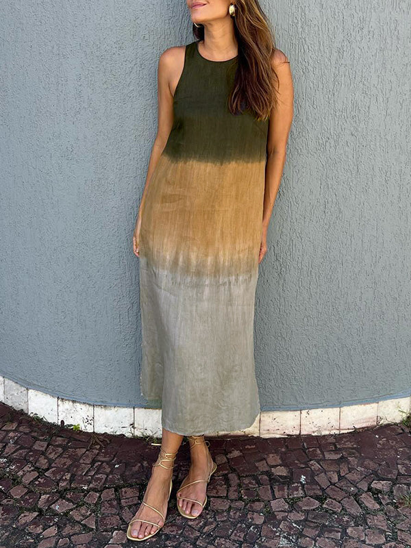 [Same Day Delivery]Women's casual cotton and linen sleeveless slit gradient tie-dye long dress