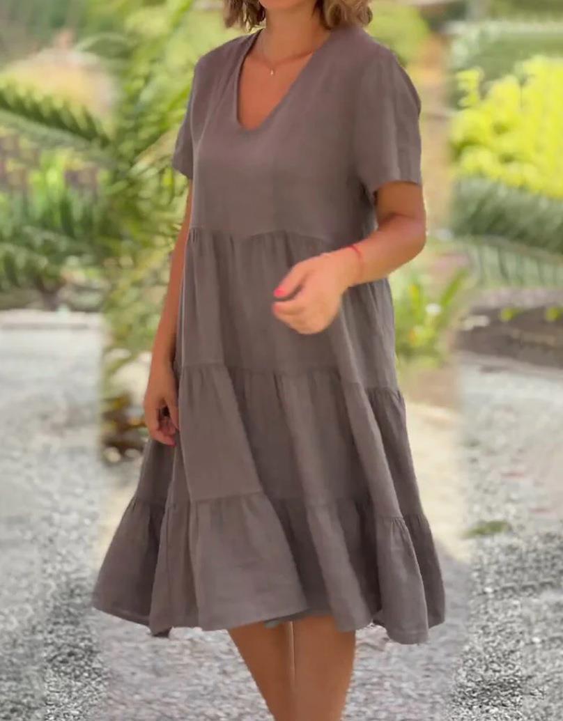 Cotton linen v-neck solid color dress - buy 2 free shipping