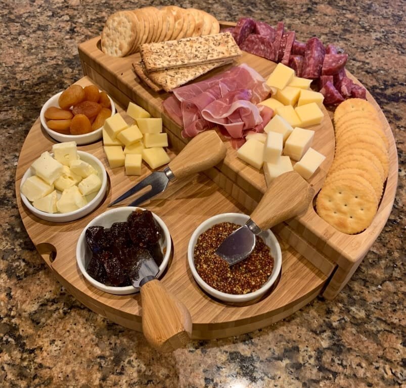 🧀2023 Bamboo Swivel Charcuterie Board🔥With 4 Integrated Ceramic Bowls And 3 Piece Knife Set