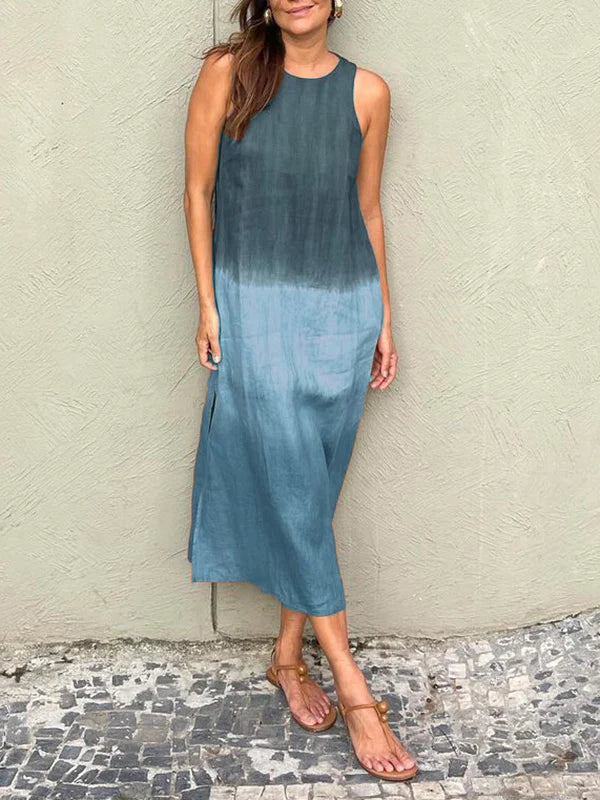 [Same Day Delivery]Women's casual cotton and linen sleeveless slit gradient tie-dye long dress