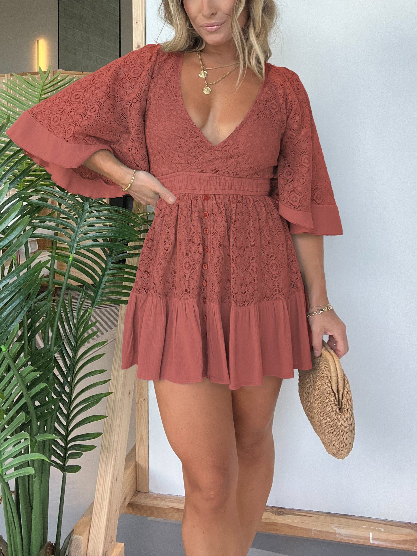 Women's Lace Crochet Romper Dress with Built-in Shorts