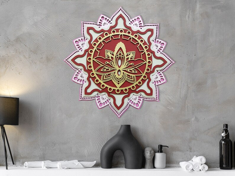 Wall Decor Boho. Layered Wall Art. Multilayer Mandala Hanging Wall Art. 3D Lotus Flower Art Yoga Studio Art. Living Room Decor.