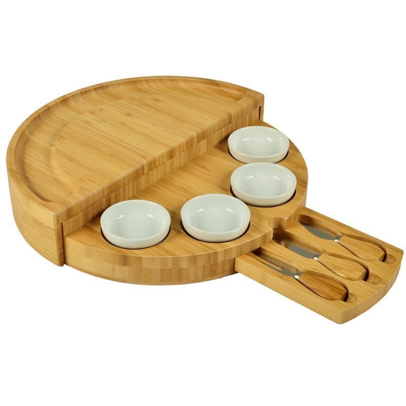 🧀2023 Bamboo Swivel Charcuterie Board🔥With 4 Integrated Ceramic Bowls And 3 Piece Knife Set